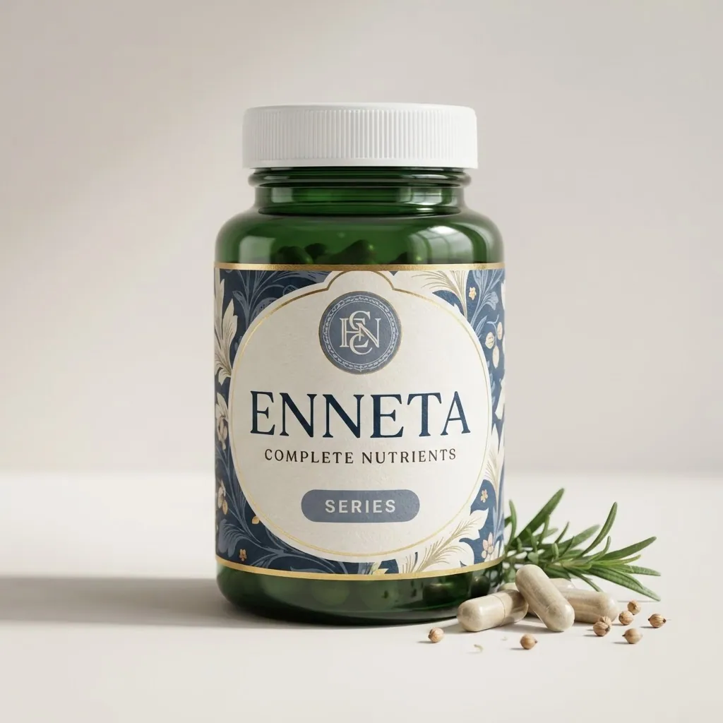Enneta Complete Nutrients premium supplement bottle with green glass and silver cap